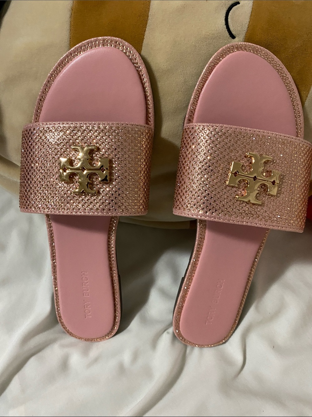 Tory Burch Blush Pink Crystal Logo Slide Sandals